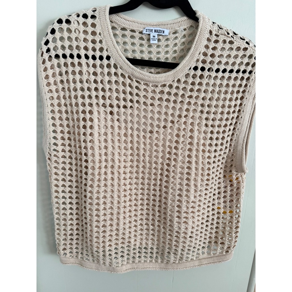 Steve Madden Crochet Top Beige Knit Sleeveless Crew Neck Sweater Vest DQ26633W M